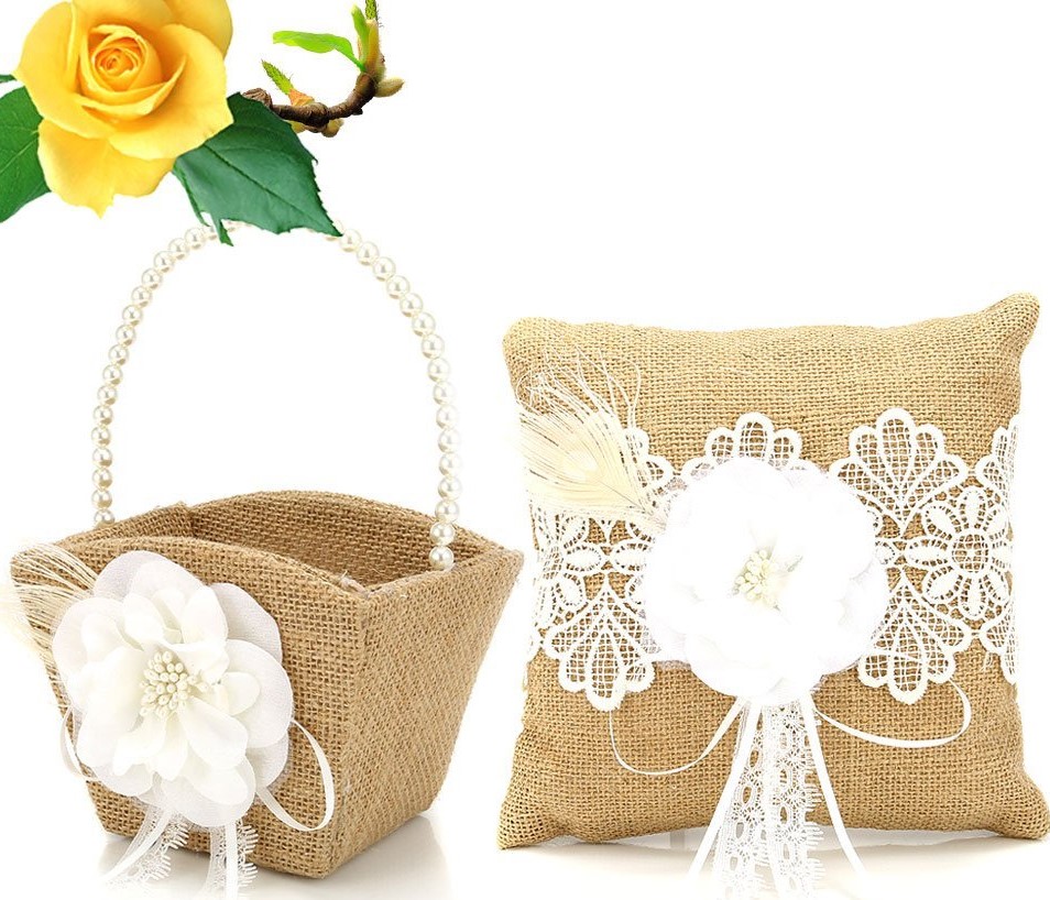 Lznlink Wedding Burlap Hessian Ring Pillow and Flower Basket